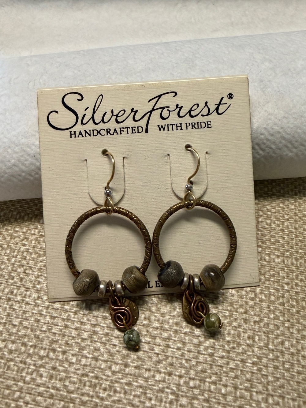 Silver Forest Olive Green and Brown Hoop Dangle Earrings